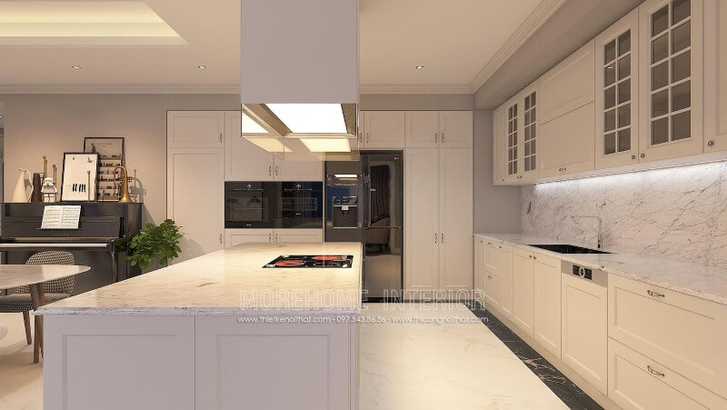 Hệ thống tủ bếp, đảo bếp được thiết kế bằng chất liệu gỗ acrylic, loại gỗ được sử dụng thông dụng hiện nay Tủ bếp đẹp, sang trọng và đẳng cấp