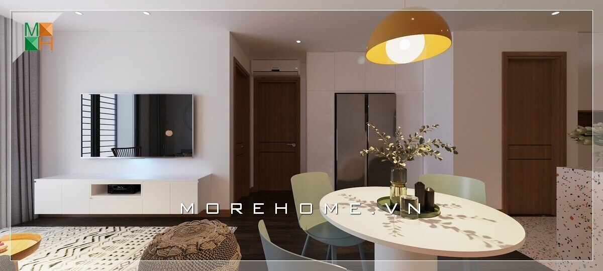 Thiết kế, sắp xếp nội thất phòng khách kết hợp phòng bếp ăn hiện đại phù hợp cho diện tích chung cư nhỏ đầy ấn tượng. Thiết kế nội thất chung cư