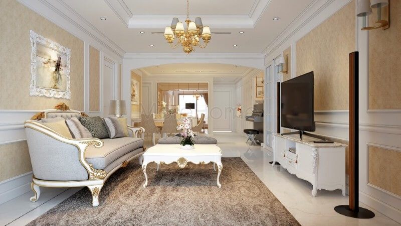 Sử dụng chất liệu giấy dán tường tân cổ điển, hoa văn in chìm tạo nên không gian đầy sống động, tránh đi sự nhàm chán của thiết kế tường thô