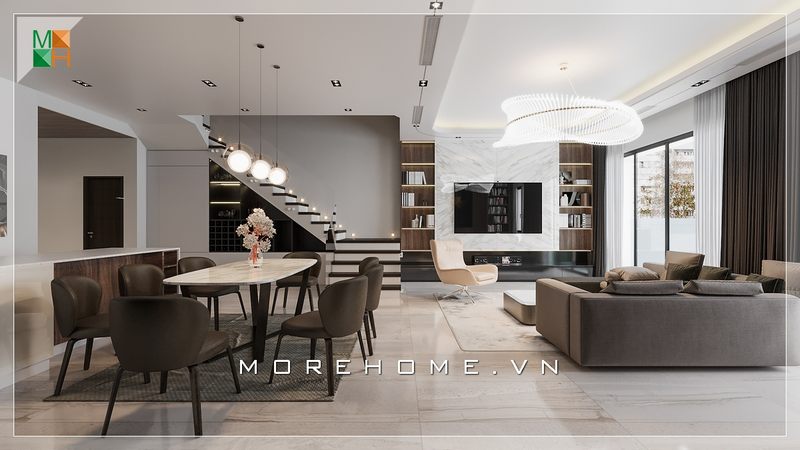 Mẫu bàn ăn 8 ghế đứng màu nâu socola sang trọng hiện đại phù hợp với thiết kế không gian phòng ăn chung cư, nhà phố, biệt thự