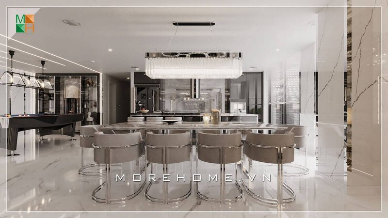 Bộ bàn ăn kèm 8 ghế ăn thiết kế độc đáo gồm chân sắt kết hợp đệm lưng bằng nỉ thiết kế bo tròn ôm lưng người ngồi tạo cảm giác thoải mái khi dùng bữa